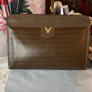 Valentino Vintage Brown Clutch with Gold V-Emblem